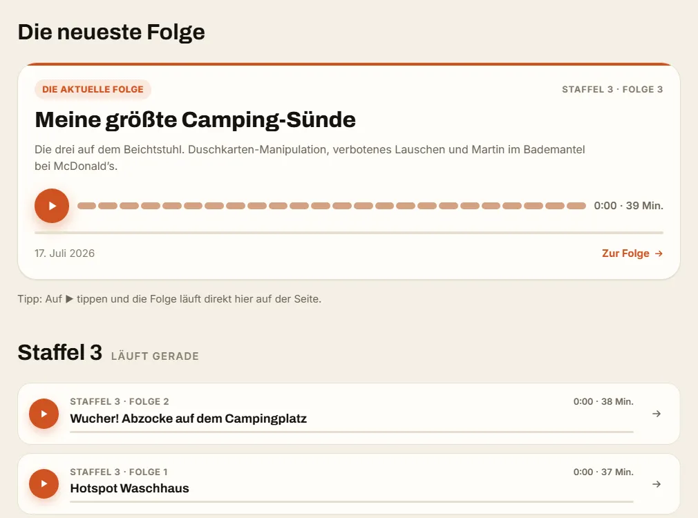 Bildschirmfoto einer von uns gebauten Podcast-Website mit Folgen-Übersicht, Player und aktueller Folge